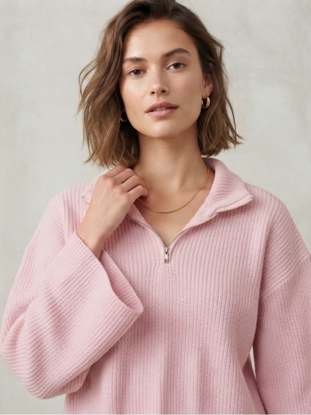 EDIKTED Women's Size M Pink Ribbed Long Sleeve 3/4 Zip Henley Collar Sweater